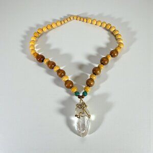 Wooden Beaded Necklace With Large Quartz Crystal Pendant Hand-Wrapped In Twisted